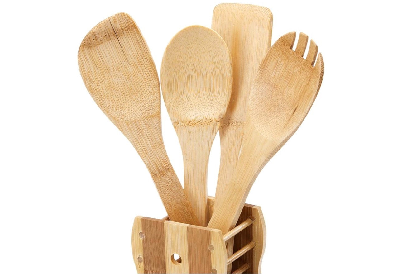 MHome 4 Pieces Pure Bamboo Wooden Solid Turner, Spatula, Slotted Spoon & Spoon Kitchen Essentials Cooking Utensils Tool Set