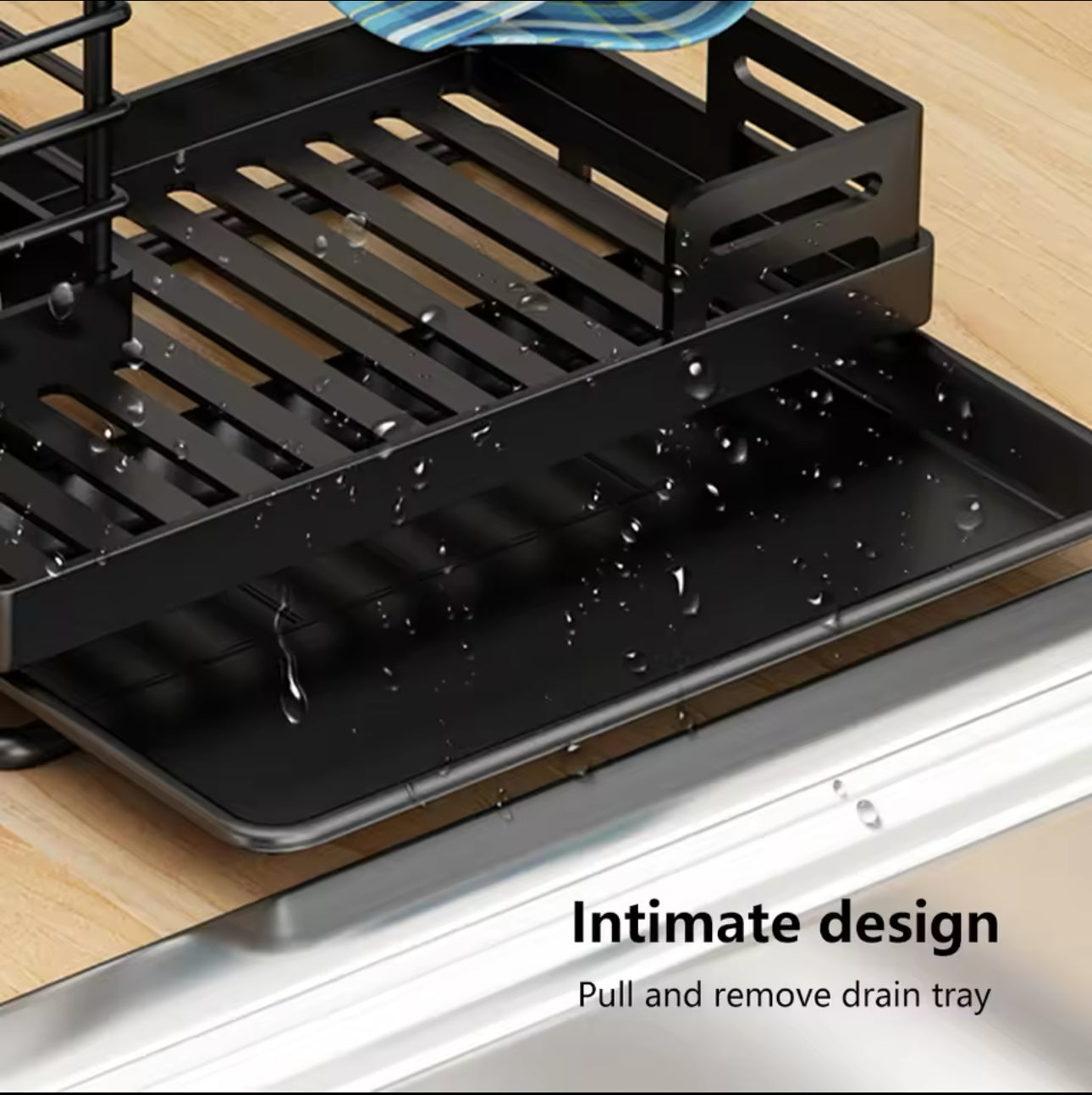 Sink Caddy Organiser,Kitchen Cloth Holder, Stainless Steel Utensils Basket with Drain Pan for Kitchen and Bathroom (Black)