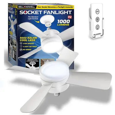 MHome 2:1 Socket Ceiling Fan with LED Light, 16 Inch | 3-Speed Fan + 3-Step 1000 Lumens Lighting | Remote Control | Indoor Outdoor Portable Ceiling Fan with Light