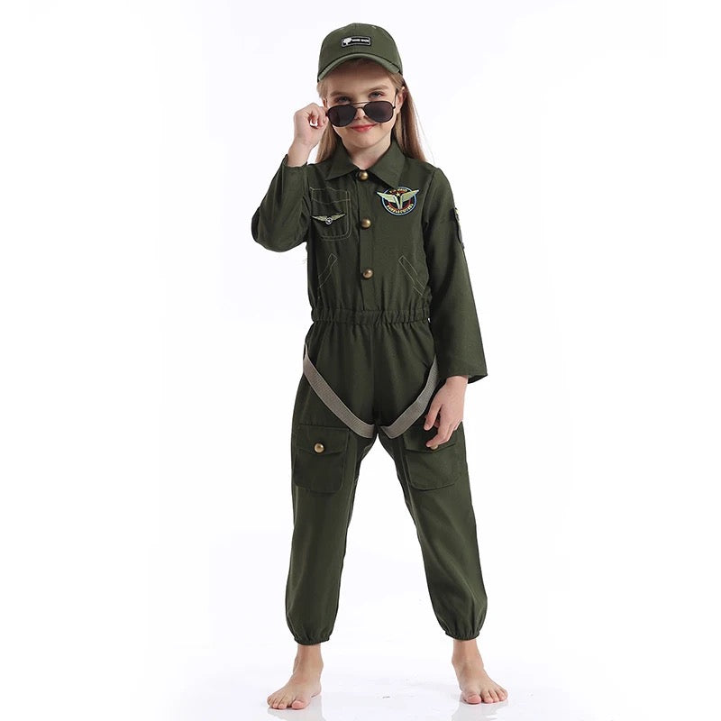 Kids Air Force Fighter Costume Children Pilot Jumpsuit Carnival Party Cosplay Roleplay Costumes Dress Up for Boys Girls Unisex