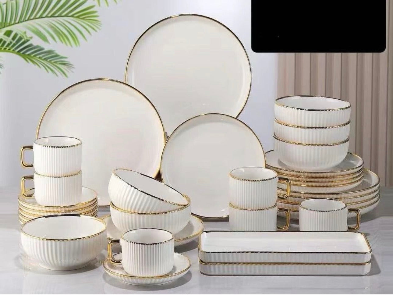 MHome White With Gold Trim 32pc Dinner Set