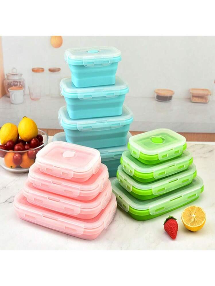 MHome 4pc Foldable Lunch Box, Silicone,With Sealed Lid And Ventilation Valve, Leak-Proof And Easy To Clean