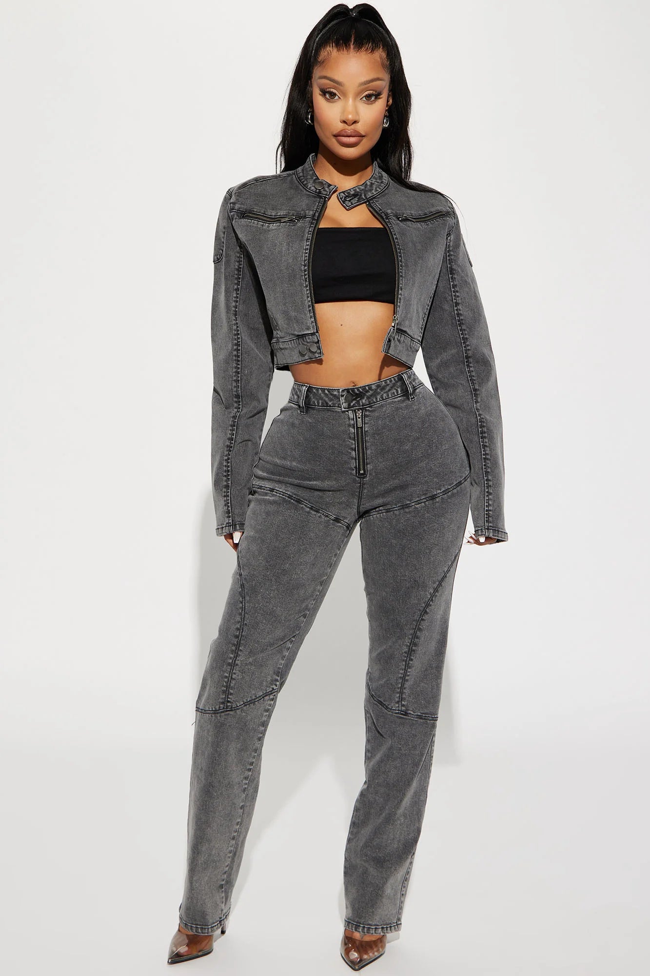 Ladies Washed Grey Denim 2pc Jacket/Jeans
