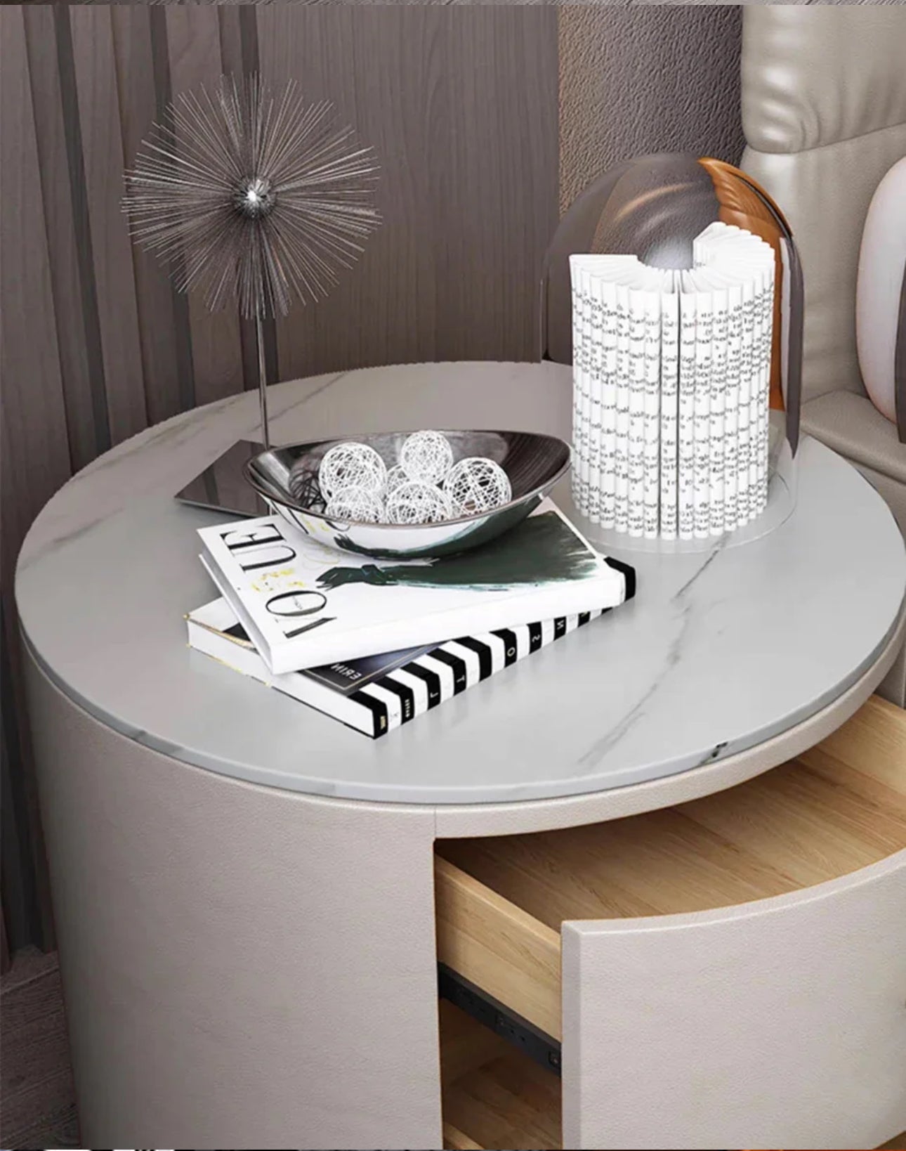 Round Bedside Table Smart Intelligent Audio Password Fingerprint Lock Wireless Charging Leather Wood Cabinet Nightstands - Various Colours