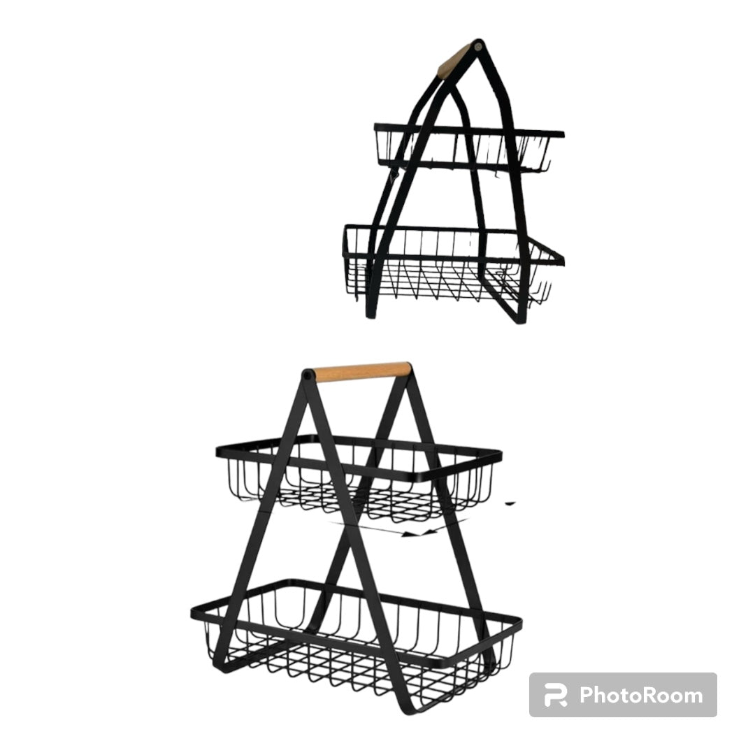 Metal Fruit Basket Portable Kitchen Storage Table Shelf Suitable For Fruits And Vegetables Home Cosmetics,2 Layer Black