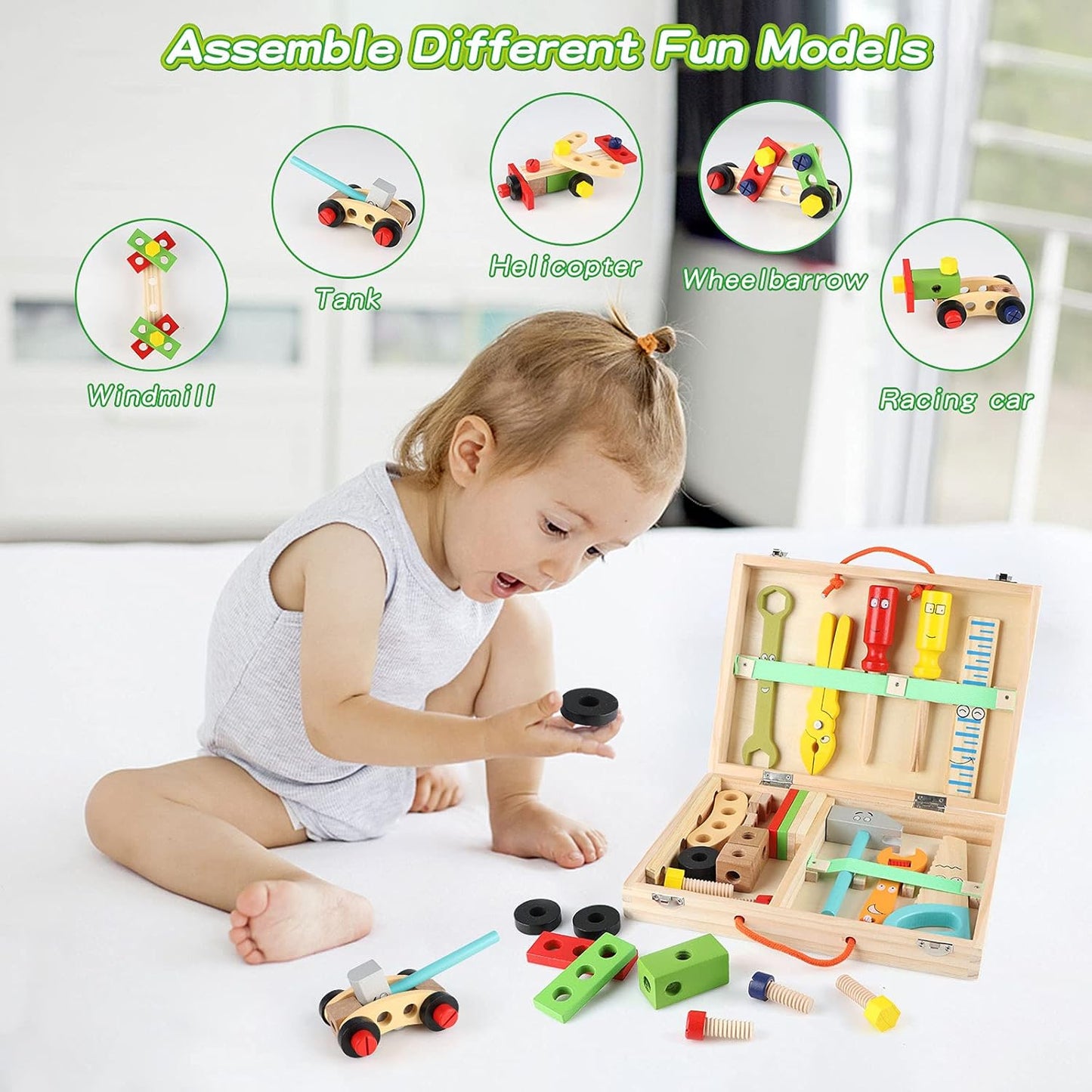 34 Pcs Wooden Tool Kit for Kids | Pretend Play Construction Toy Set | Montessori Educational Building Toy Set