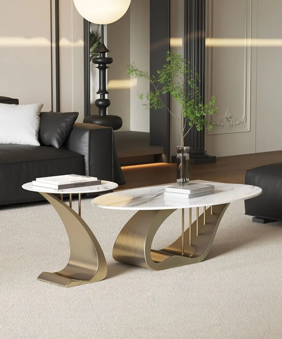 M-Furn Nordic Style Coffee Table Set 2pc Marble Top/Gold Trim