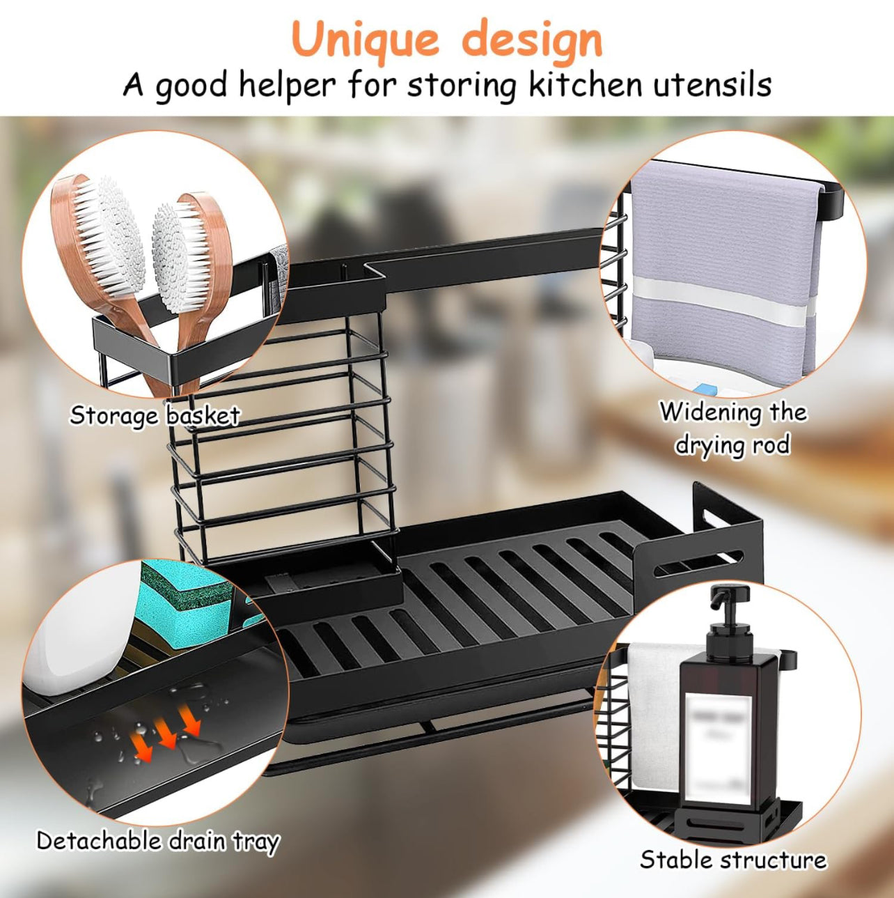 Kitchen Sink Organiser, Black, Sponge Holder, Kitchen Organiser, Sink Dish Cloth Holder Organiser, Sink Organiser, Sponge Holder for Kitchen Sink Storage & Organisation (Black)