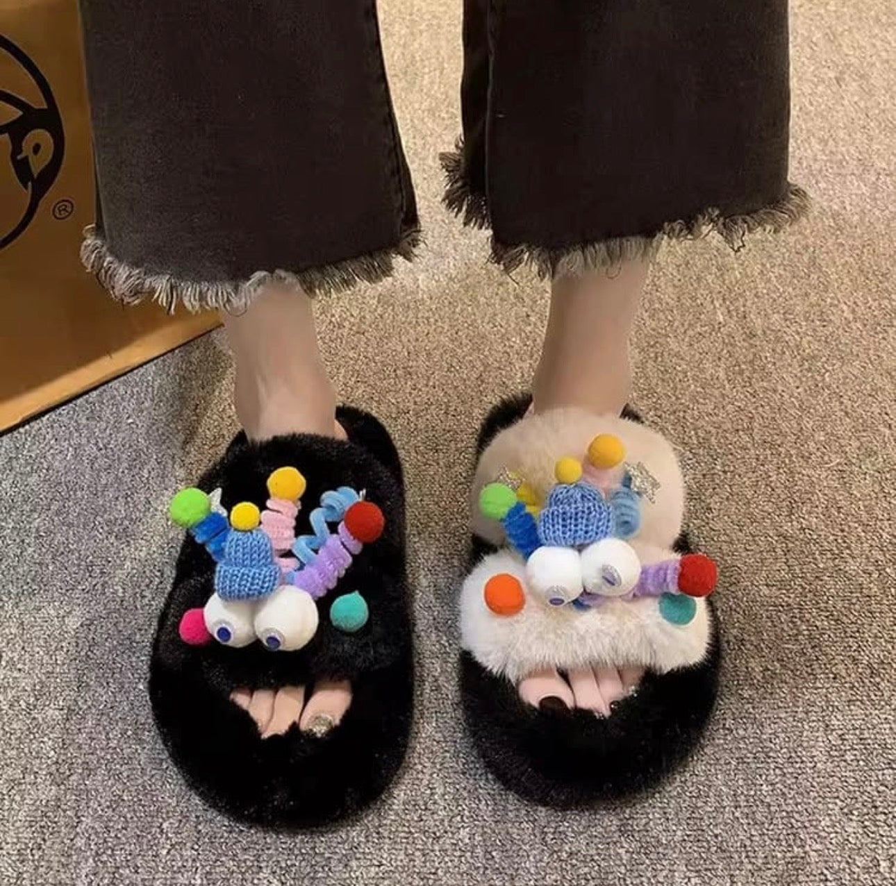 Women Winter Slippers Furry Flip Flops House Shoes Cute Cartoon Theme