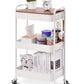 MFURN 3 Tier Rolling Cart with Table top, Metal Rolling Utility Cart on Wheels, Sturdy Storage Organizer Cart with Hooks for Office, Classroom, Kitchen and Bathroom (White)