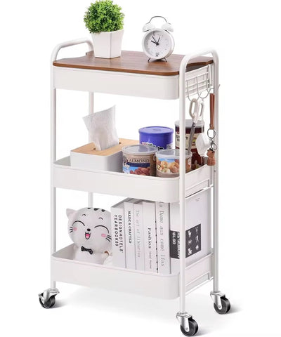 MFURN 3 Tier Rolling Cart with Table top, Metal Rolling Utility Cart on Wheels, Sturdy Storage Organizer Cart with Hooks for Office, Classroom, Kitchen and Bathroom (White)
