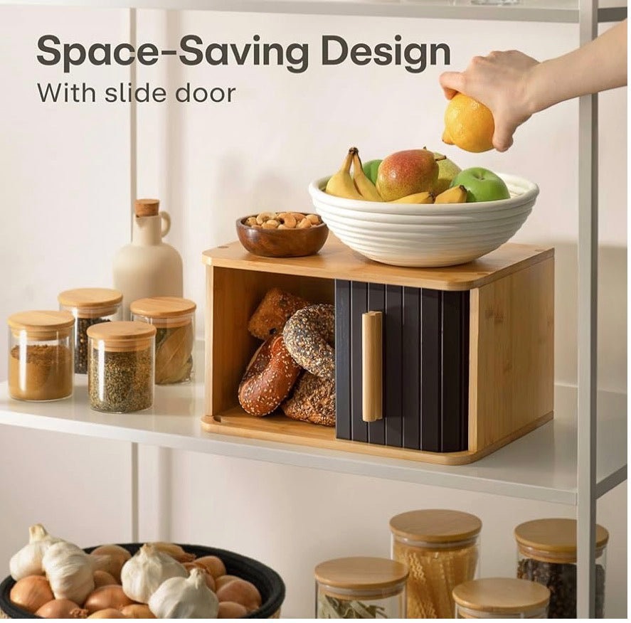 MHome Wooden Bread Box for Kitchen – Keeps Bread Fresh for Longer – Space Saving Design – Black or White Options