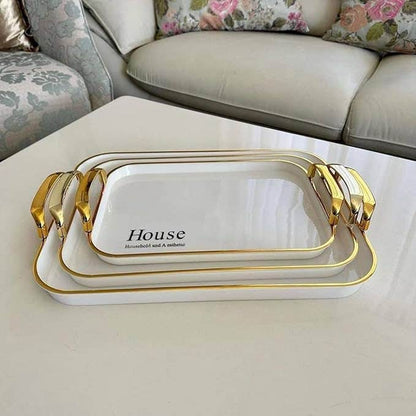 MHome Elegant Rectangular Tray Set 3PC – Melamine with Gold & Silver Trim