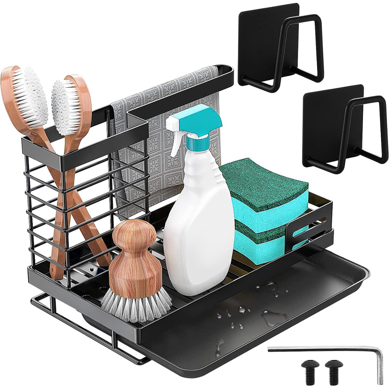 Kitchen Sink Organiser, Black, Sponge Holder, Kitchen Organiser, Sink Dish Cloth Holder Organiser, Sink Organiser, Sponge Holder for Kitchen Sink Storage & Organisation (Black)