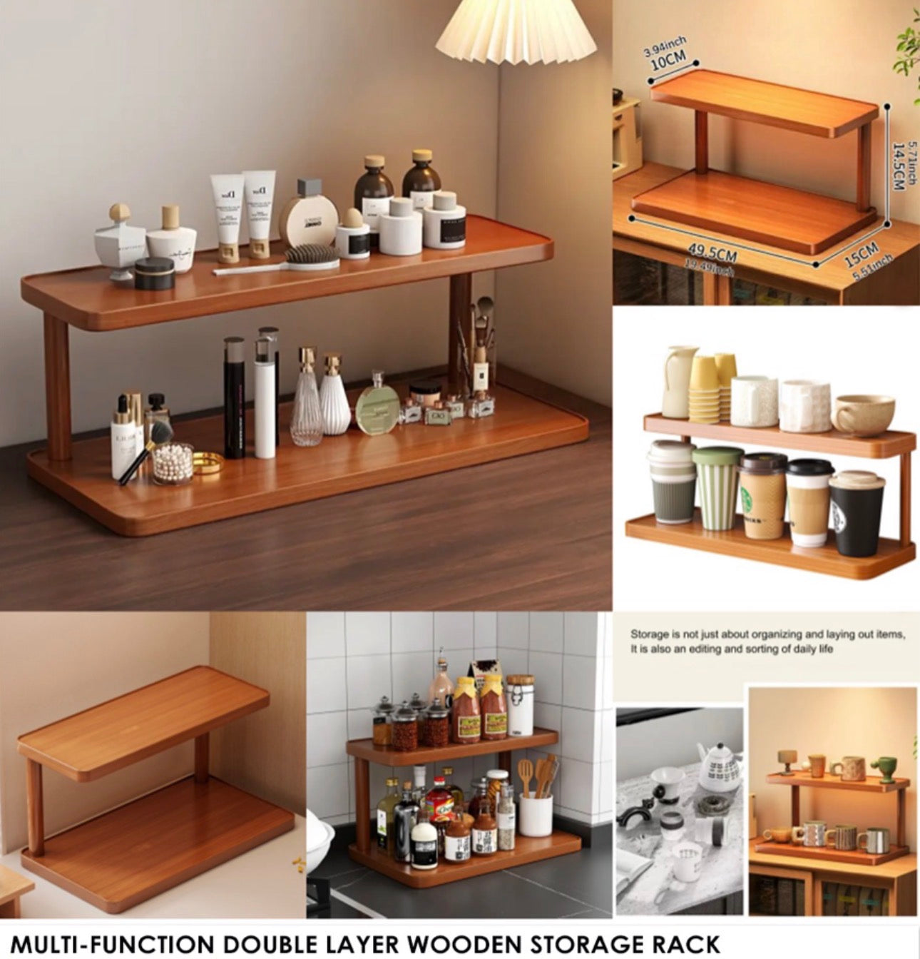MHome Desktop Storage Shelf,Double Layer Organizer,Wooden Bookshelf and Kitchen Storage Rack