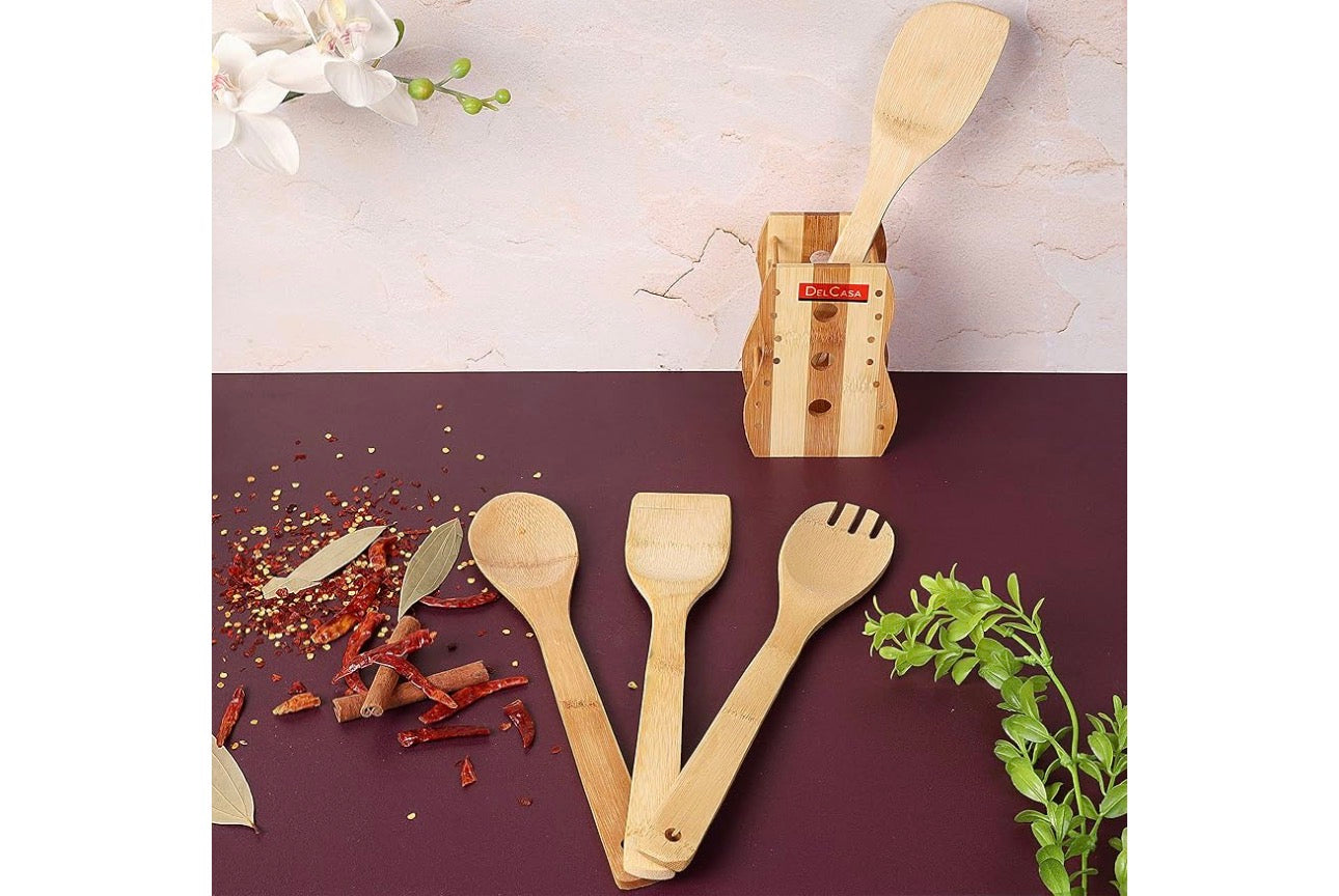 MHome 4 Pieces Pure Bamboo Wooden Solid Turner, Spatula, Slotted Spoon & Spoon Kitchen Essentials Cooking Utensils Tool Set