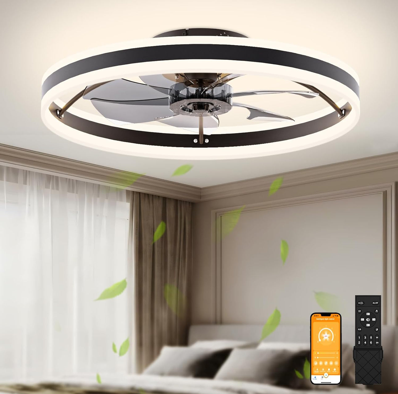 GENERIC Modern Ceiling Fans with Lights and Remote, Ceiling Fan Flush Mount, 3000K-6500K Smart Bladeless LED Fan Light, Black Modern Ceiling Fans with Lights for Bedroom