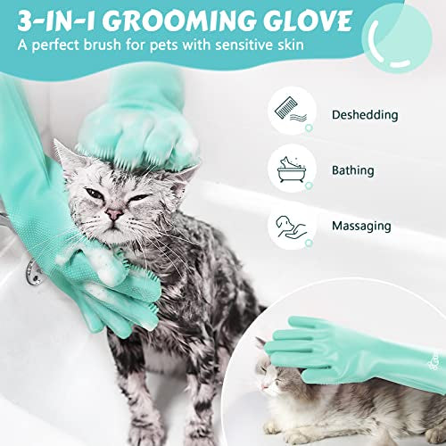 Pet Grooming Gloves Large, Heat Resistant Cat Bathing Gloves with High-Density Teeth, Silicone Dog Bathing Gloves with Enhanced Five Finger Design, for Washing, Bathing, and Massaging