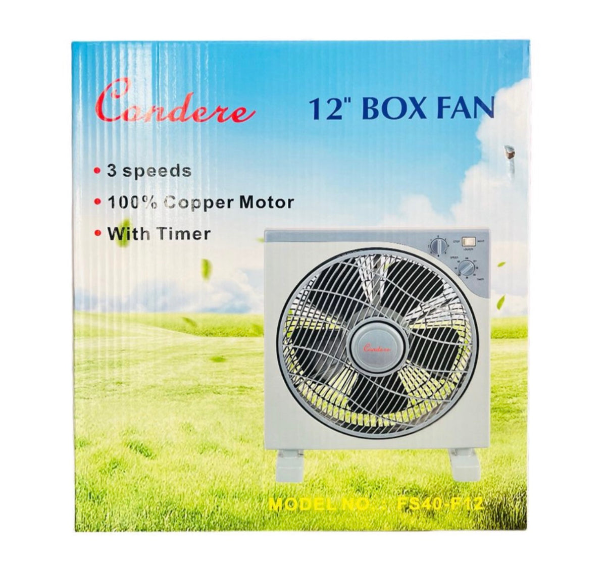 Condere Box Fan FS40-F12 12" - Powerful Desk Fan with 3 Speeds, 60-Min Timer, Oscillation, and Cool Air Flow for Home, Travel, and Window Use