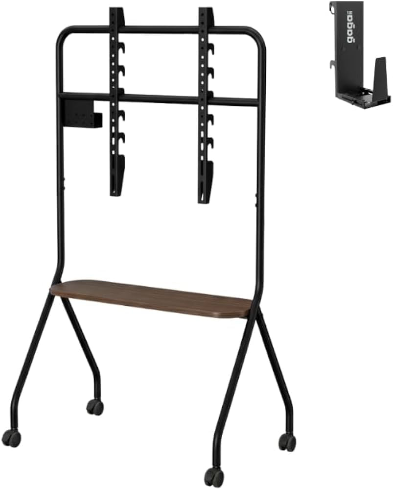 MTech Mobile TV Stand with Game Console Mount, Black, Carbon Steel & Wood, Fits 49-75 inch TVs, 360° Wheels, Height Adjustable