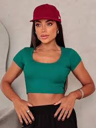 Women’s Short Sleeve Square Neck Crop Tops Basic Slim Fit Cropped T-Shirt