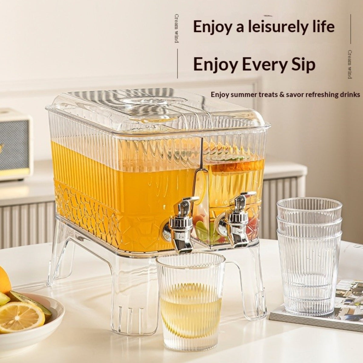 MHome Beverage Dispenser with Spigot Transparent Beverage Dispenser with Stand Ribbed for Hosts, Families, Refrigerator, Countertop, Parties 5.5L
