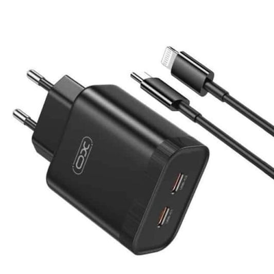 Adapter and Lightning Cable for iPhone, Dual Type-C Charger, Fast Charging 35W, Black.