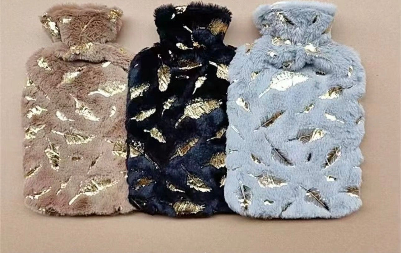 MHome Hot Water Bottle – 2L with Fleece Cover – Gold Leaf Design