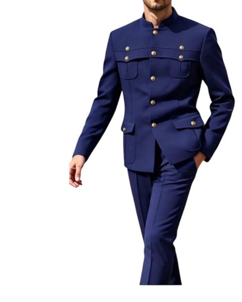 Men’s Military Inspired Mandarin Collar Safari Suit -Various Colours