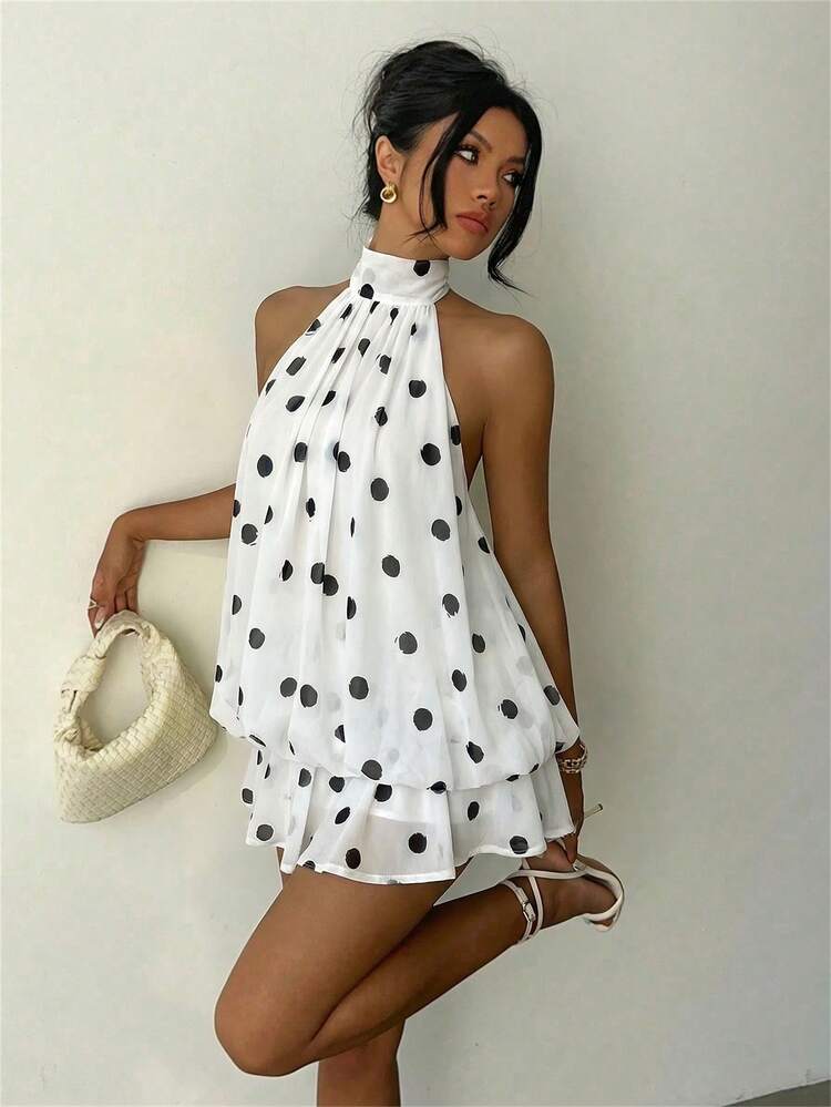 Ladies Summer Halter Neck Polka Backless Mini Dress-Various Colours