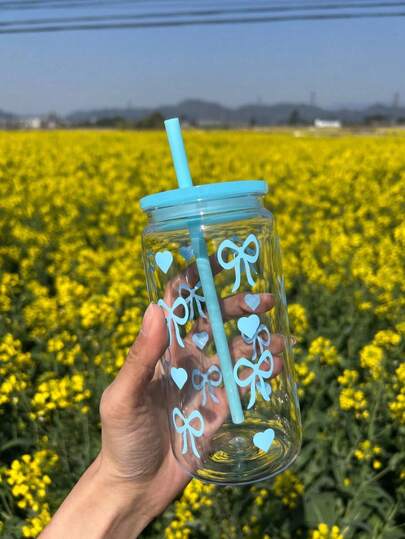 MHome Unbreakable Plastic Tumbler 450ml with Lid and Straw – Bow Print Sipper Glass for Cold Coffee, Juice and Water