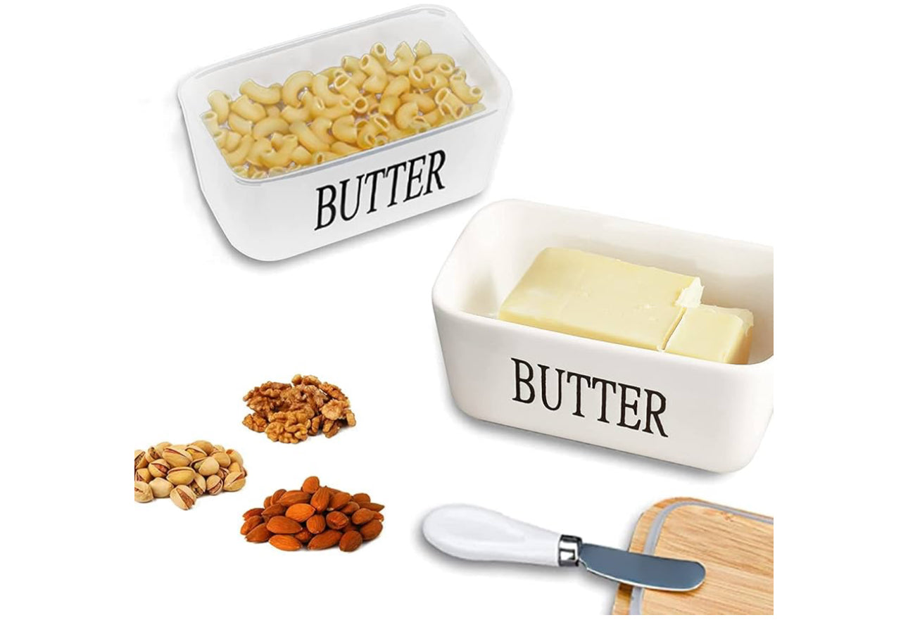 MHome Ceramic Butter Dish With Bamboo Wooden Lid & Butter Knife-Various Colours