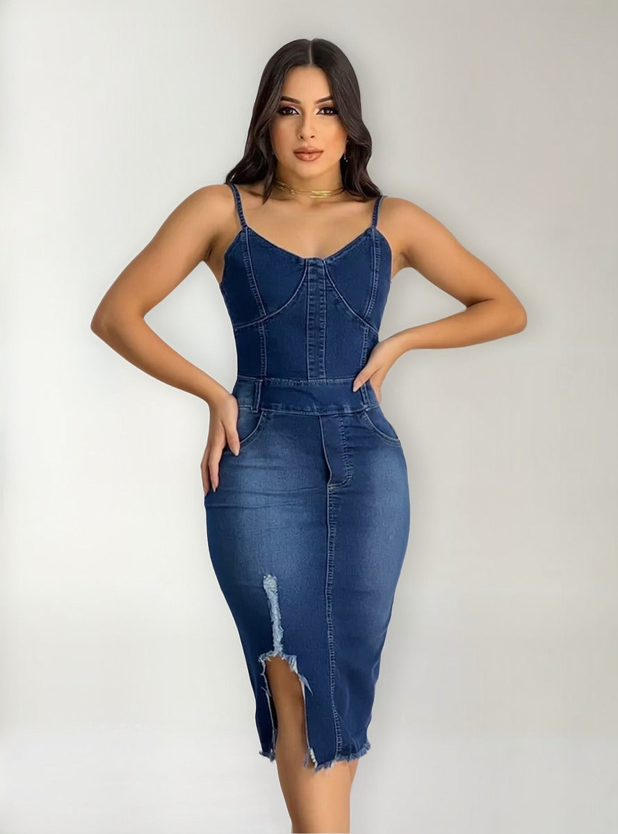Ladies Denim Dress, Medi Length With Frayed Hem