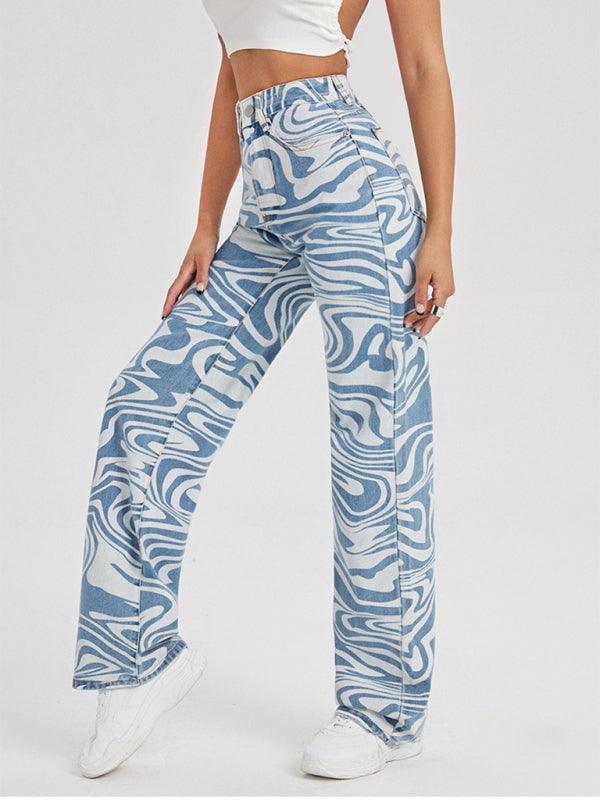 High-Waist Denim Pants with Blue Swirl Print – Stylish Wavy Ripple Graphic, Zipper Button Closure, and Slash Pockets - Ladies