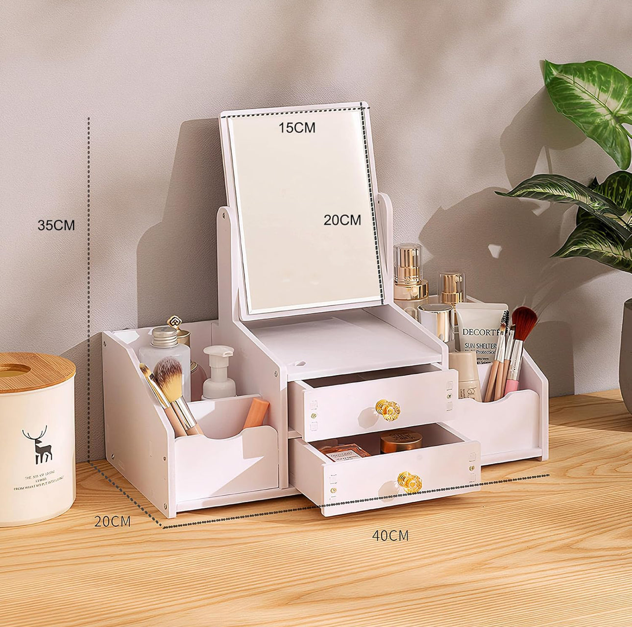 Mbeauty White Wooden Cosmetic Organiser With Drawers and Mirror