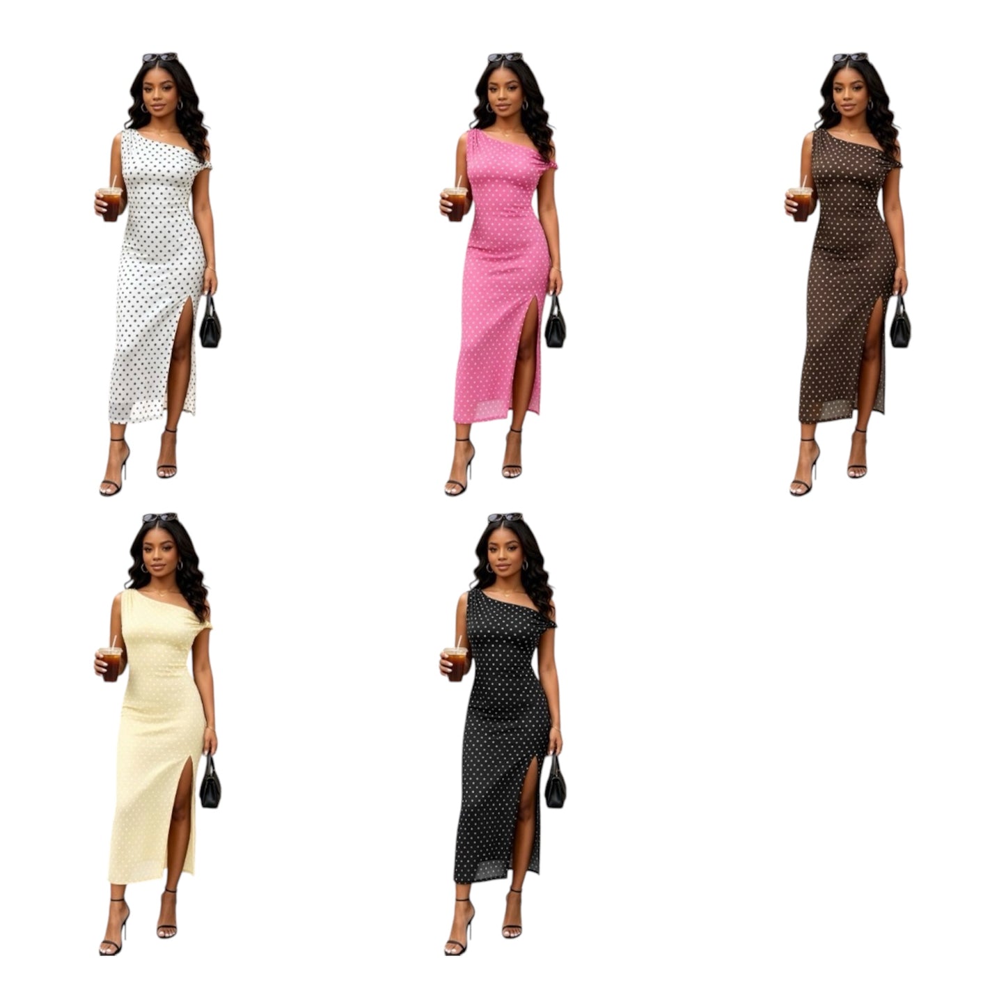 Ladies Off Shoulder Midi Polka Dot Dresses-Various Colours