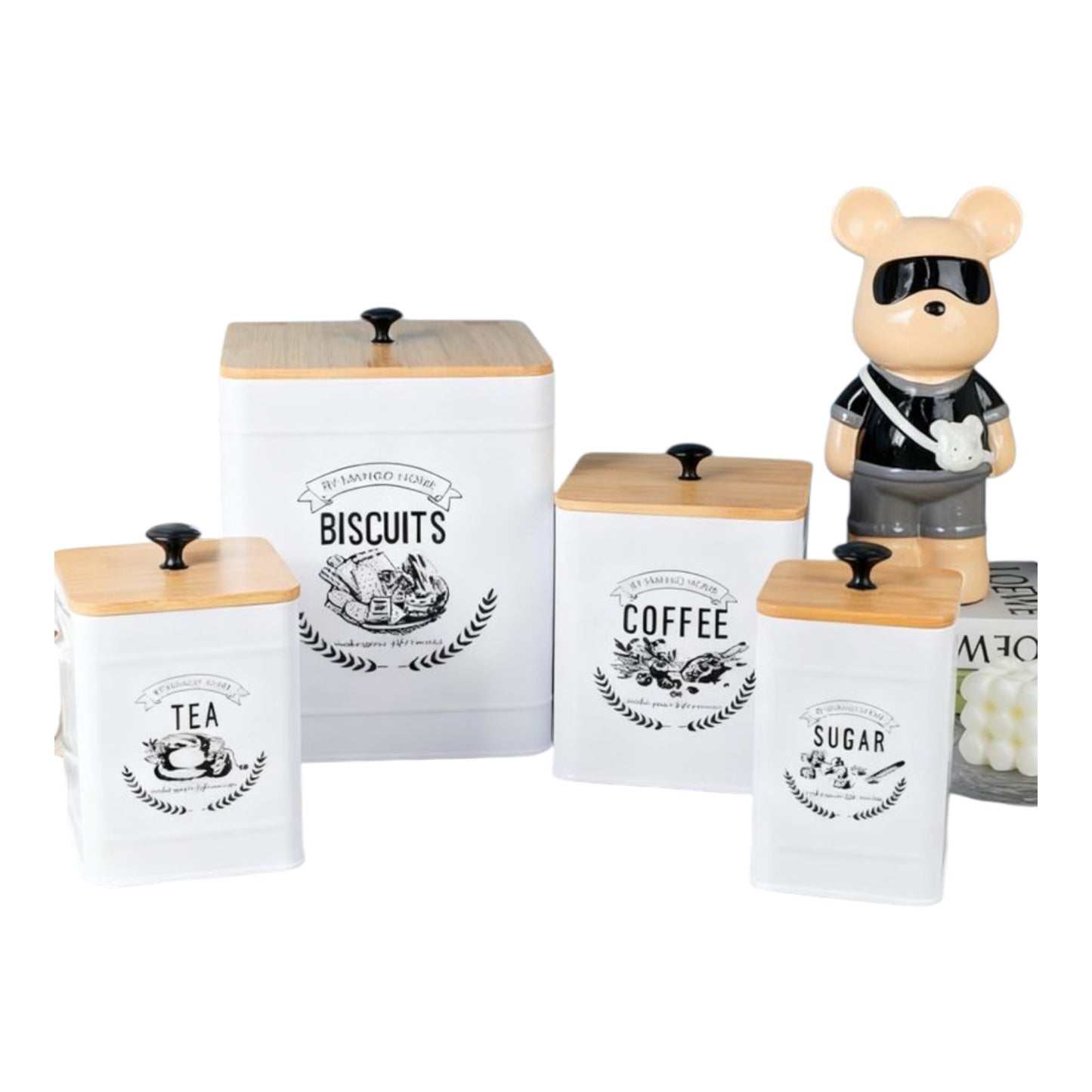 MHome Set of 4 Condiments Canisters Tea,Coffee Sugar & Biscuits-Various Colours