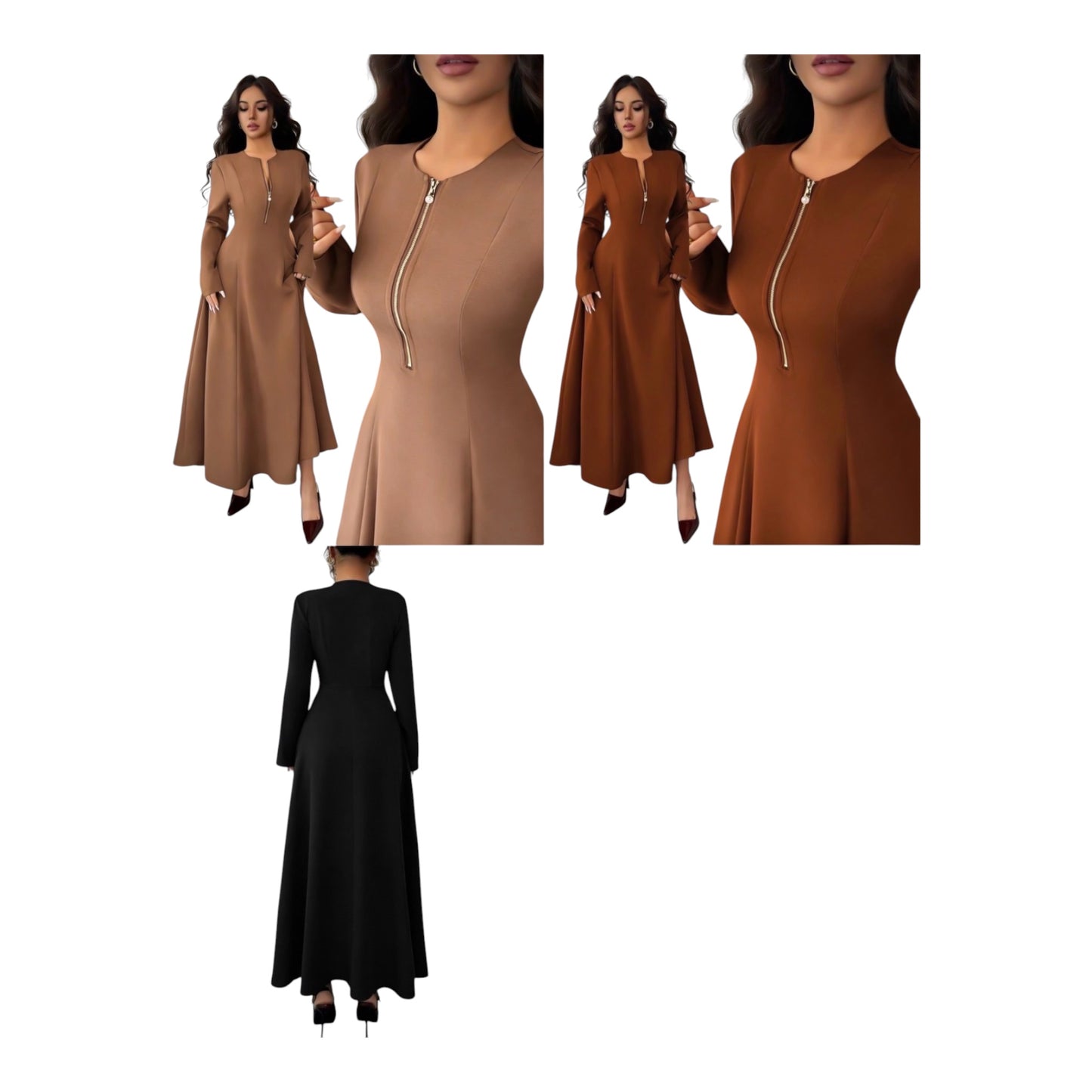 Ladies Elegant Modest A-Line Front Zipper Maxi Dress-Various Colours