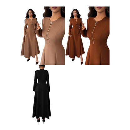 Ladies Elegant Modest A-Line Front Zipper Maxi Dress-Various Colours