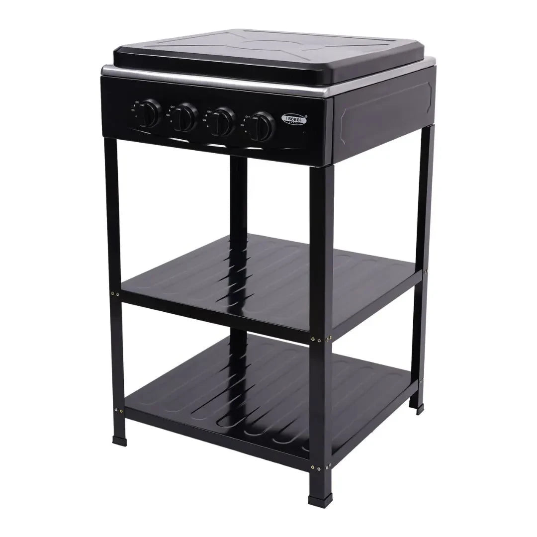 MHome Boko 4-Burner Gas Stove with Storage Shelves – Stainless Steel & Portable