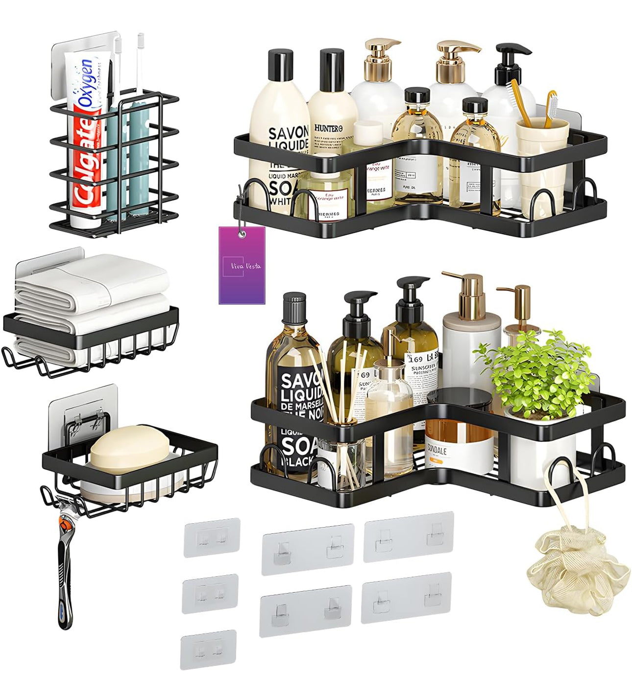 Corner Shower Caddy, Stainless Steel Shower Organizer Shelf with Soap Holder, Bottle Holder & Hook Wall-Mounted Shower Shelves with 16 Hooks, Bathroom Shower Rack (Black) 5pc