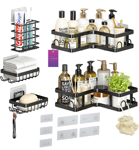 Corner Shower Caddy, Stainless Steel Shower Organizer Shelf with Soap Holder, Bottle Holder & Hook Wall-Mounted Shower Shelves with 16 Hooks, Bathroom Shower Rack (Black) 5pc