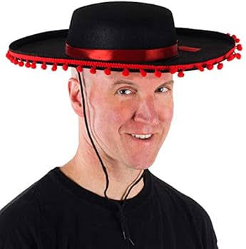 Funny Party Hats Matador Costume – Spanish Hat - Black and Red Matador Hat - Spanish Bull Fight Hat - Black Sombrero Hat, Matador Spanish Bull Fighting Costume Hat, One Size
