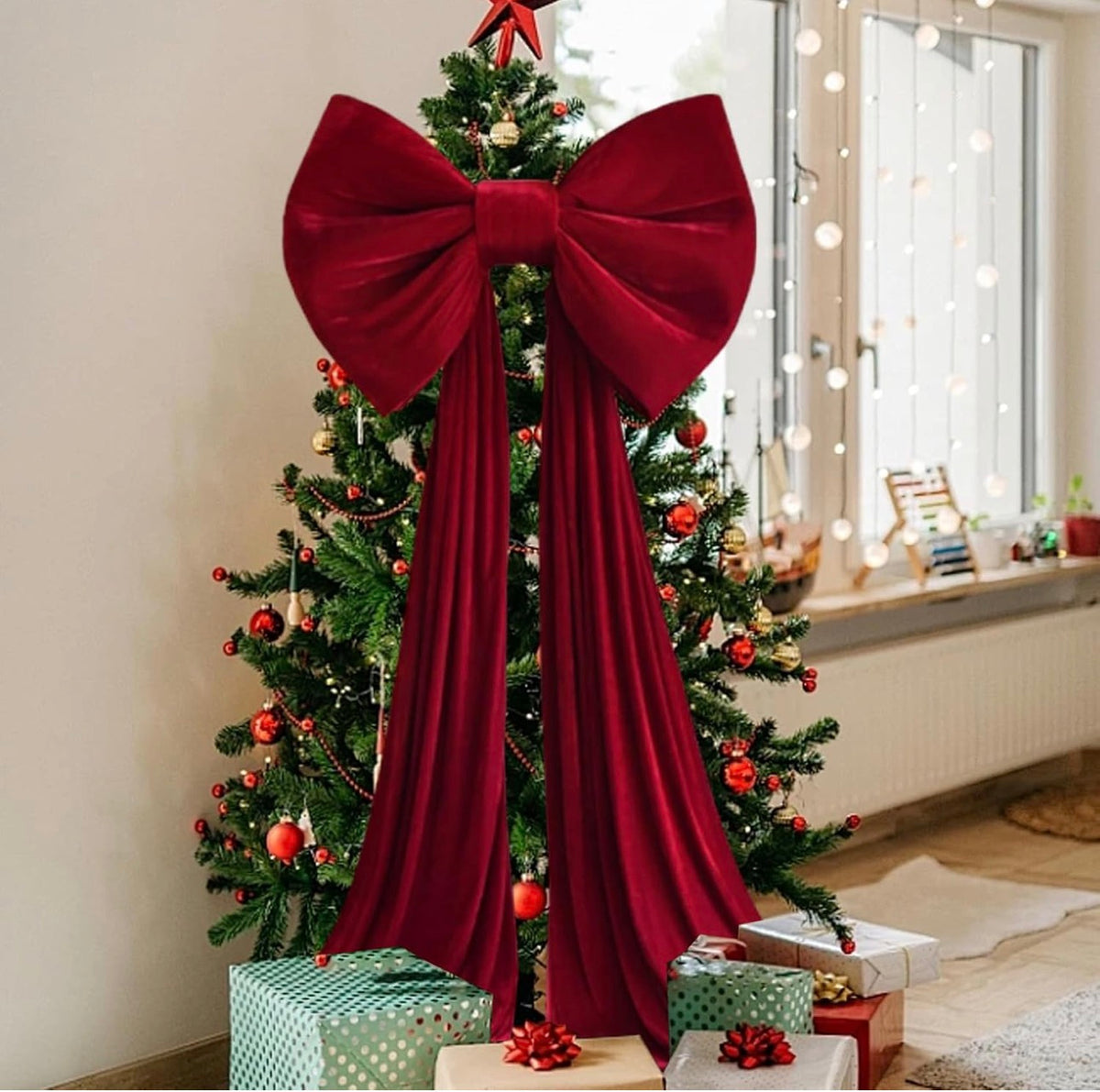 Christmas Tree Topper Bow, Extra Large Red Velvet Bows for Home Christmas Tree Toppers Wreath Wall Room Party Holiday Decor 60x180cm