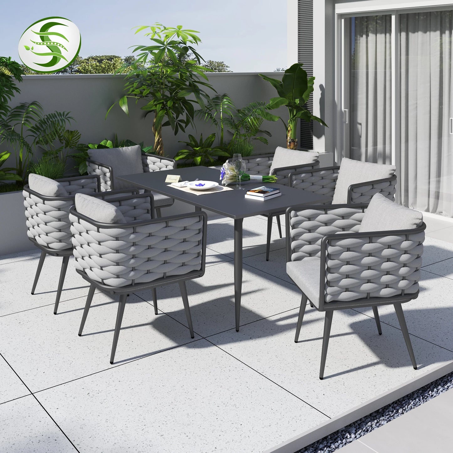 Modern Garden Outdoor Leisure Rope Woven Patio Dining Table + Chair With Aluminium Fame 7pc Set