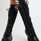 Ladies Black Pu Faux Leather Contrast  Detailing Knee High Boots