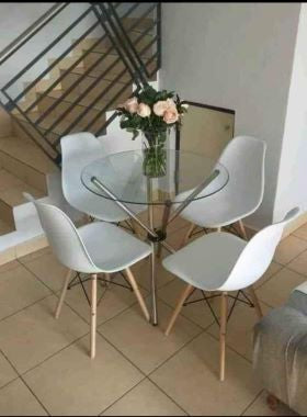 MFurn Round Table+Four Eames Style Chairs ,Glass Table Top Dining 5pc Set