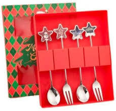 MHome Christmas Dessert Cutlery Spoon & Fork Set 4pc in Gold or Silver Options