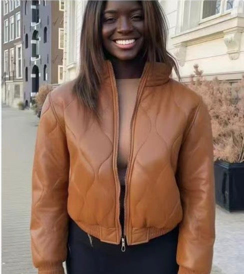 Ladies Cropped Faux Leather Bomber Jacket-Various Colours