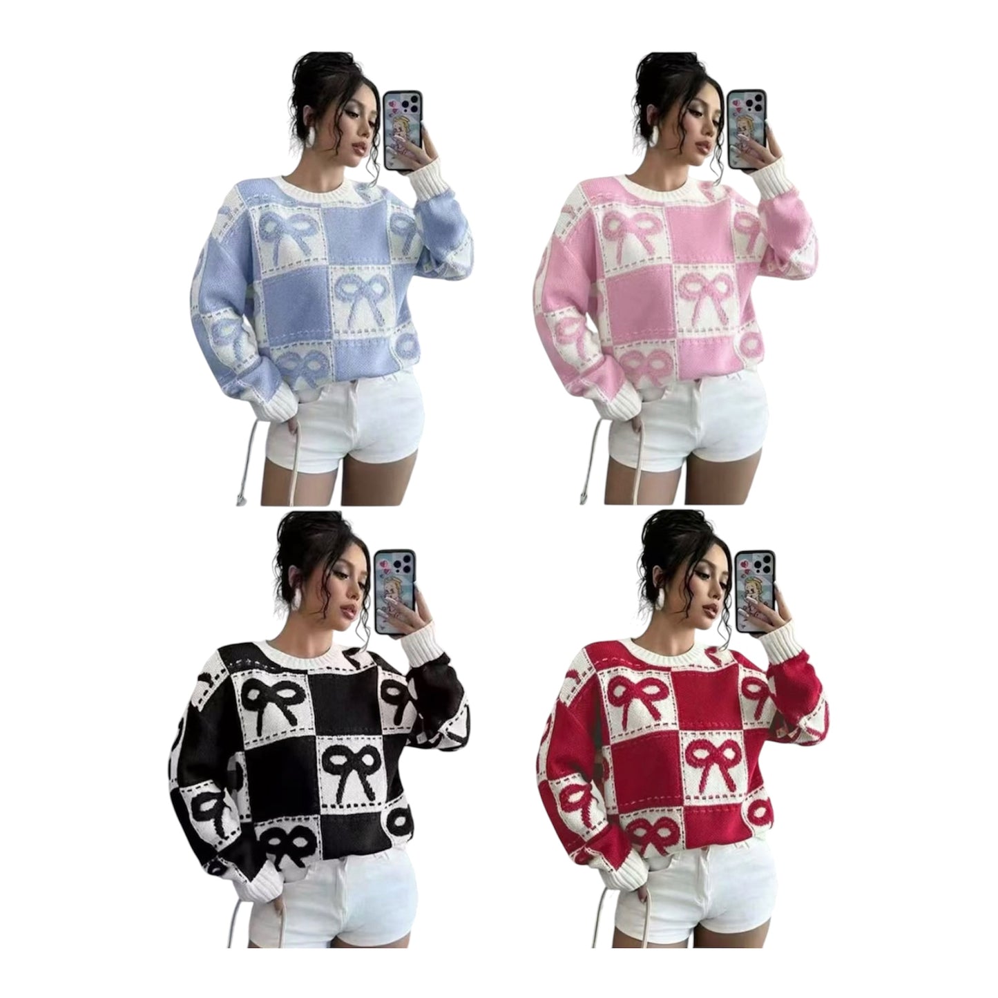 Ladies Coquette-Aesthetic Checkered Bow Knit Sweater-Various Colours